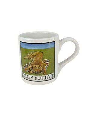 Rare 2003 Nancy Thomas Read Street Golden Retriever Mug on Nova Check Blanket